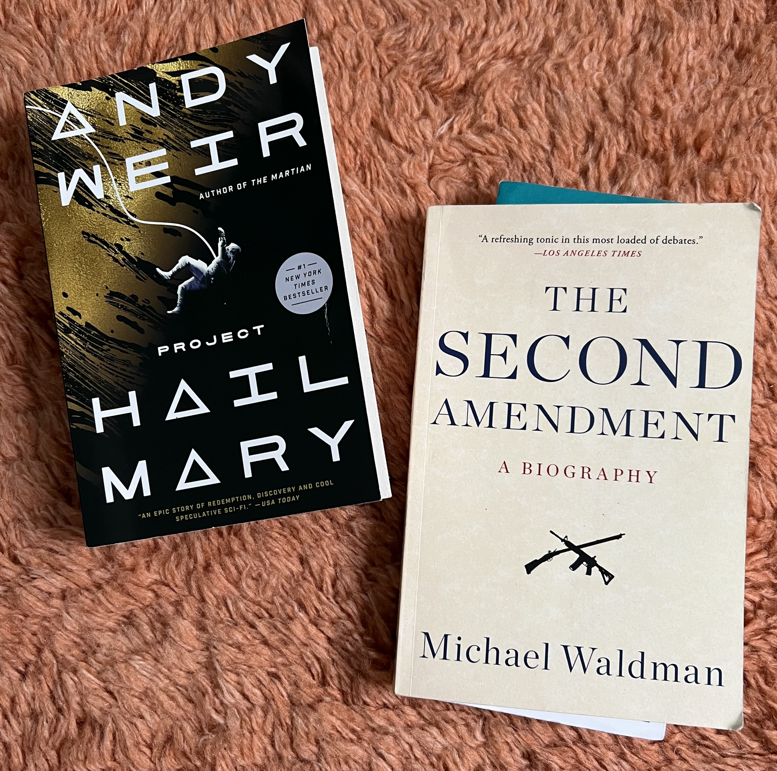 The books Project Hail Mary by Andy Weir and The Second Amendment: A Biography by Michael Waldman scattered on an orange wool rug 