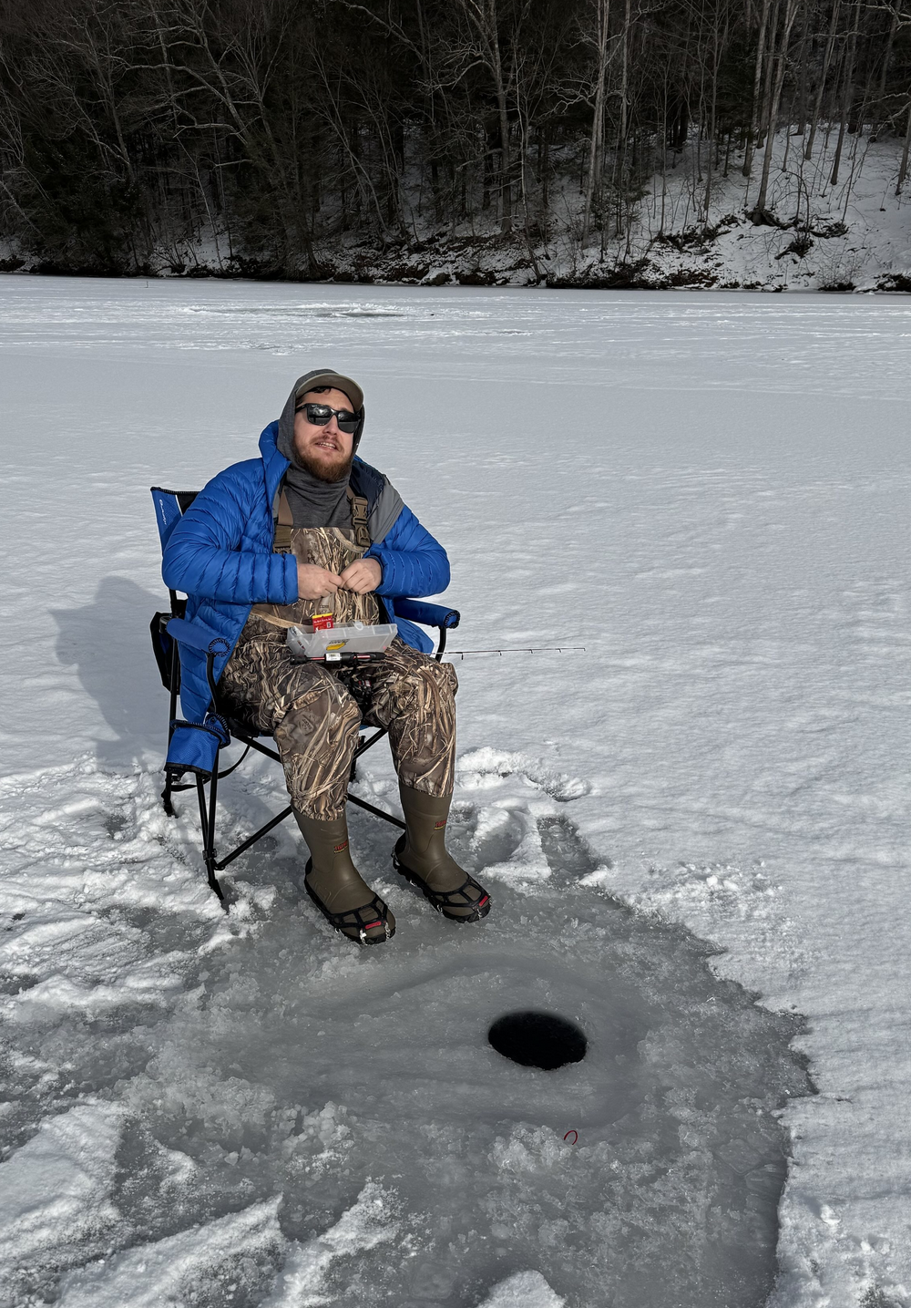 Me making a silly pose while attempting to tie on a new lure while ice fishing.